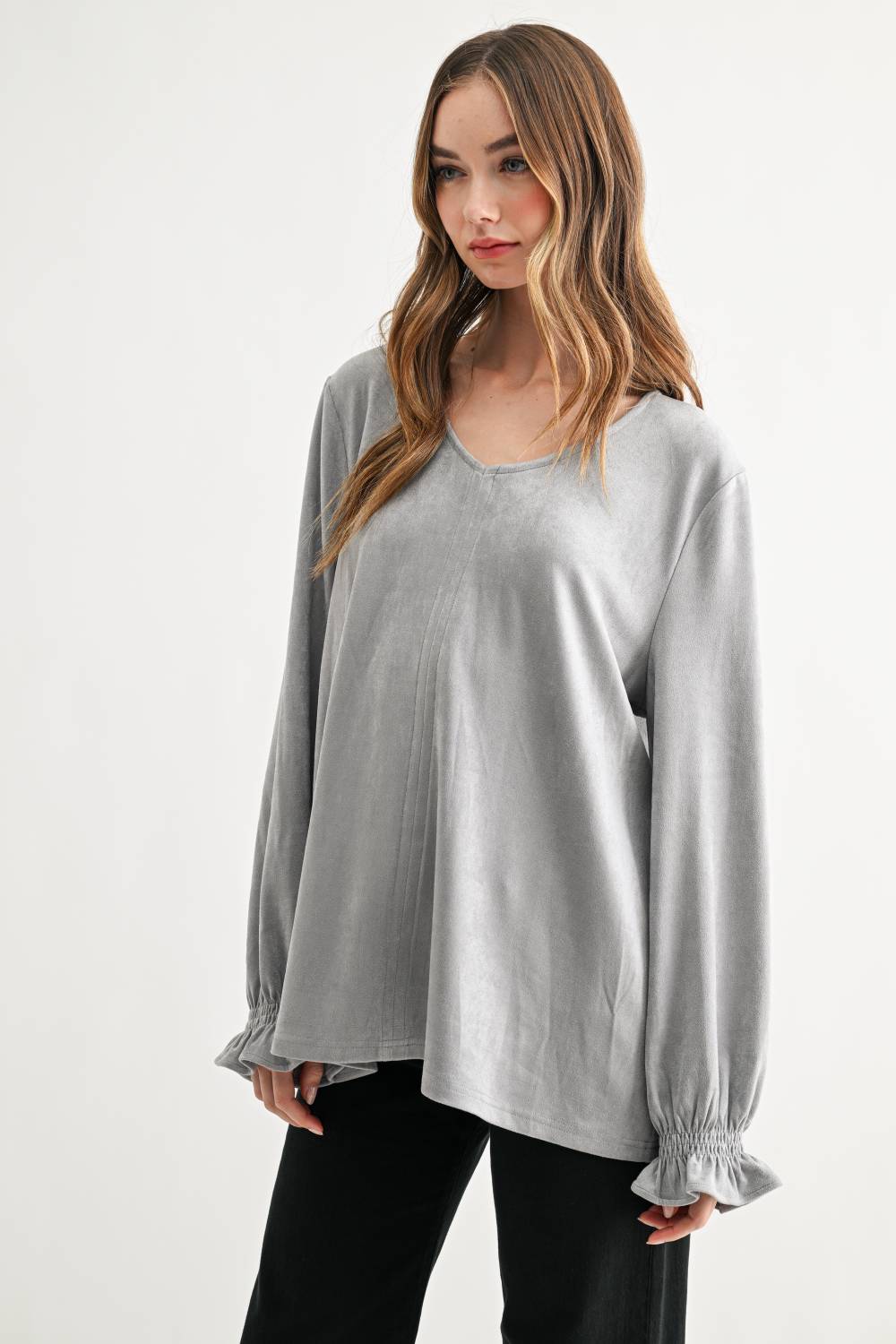 Abigail Stretch Suede Long Sleeve V Neck Top