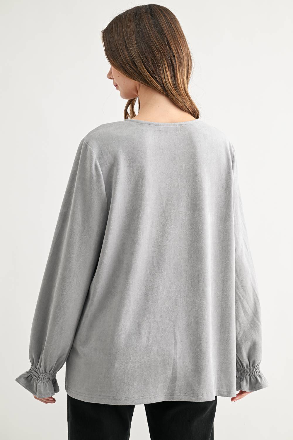 Abigail Stretch Suede Long Sleeve V Neck Top