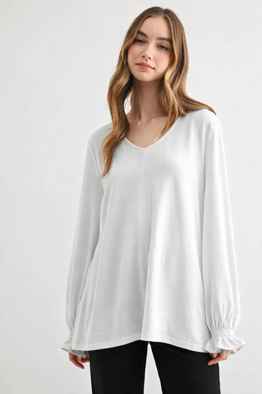 Abigail Stretch Suede Long Sleeve V Neck Top