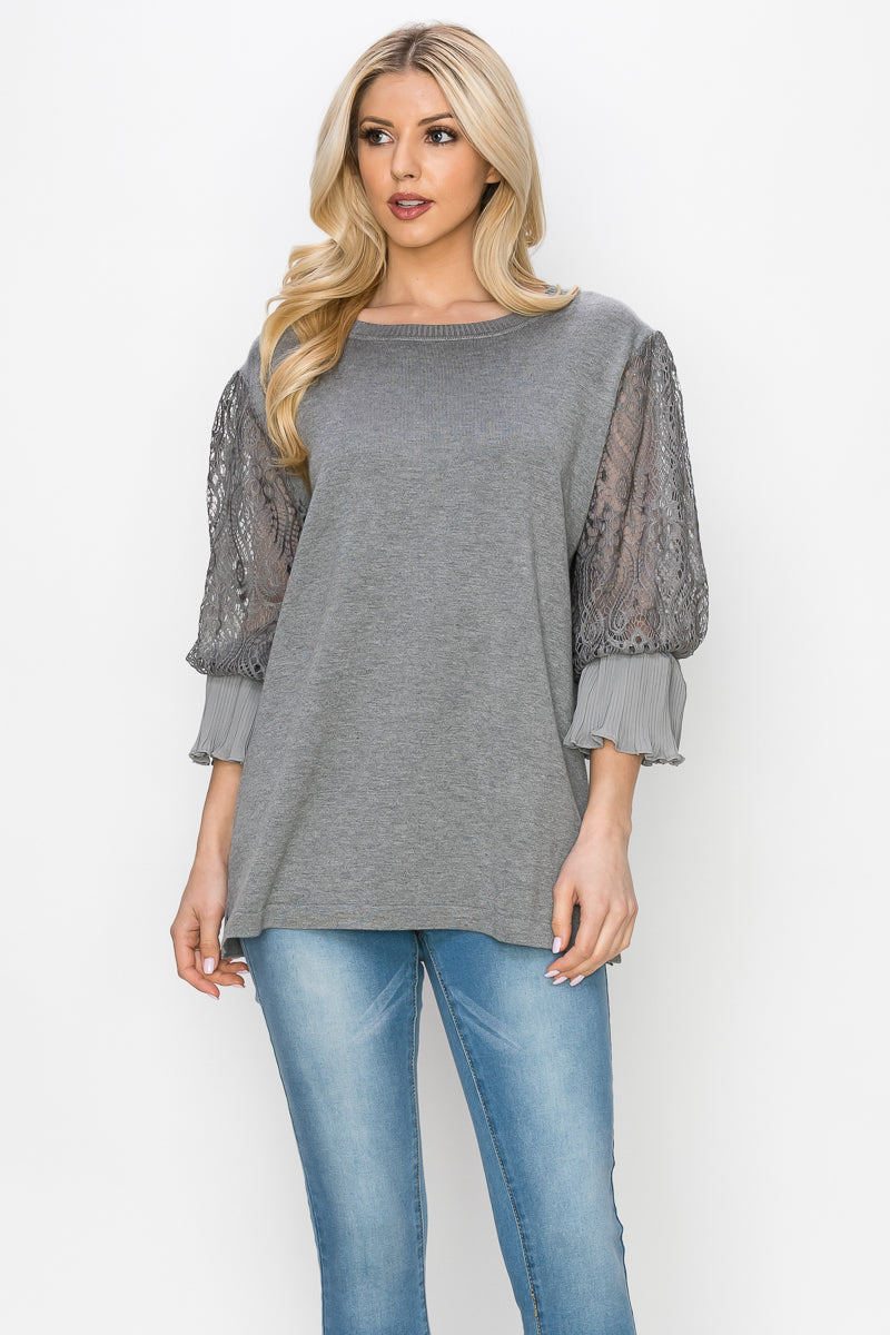 Shiron Sweater Knitted Top with Lace & Pleated Ruffles