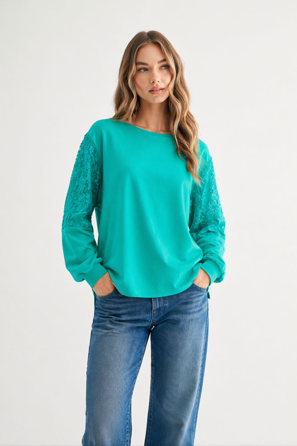 Rylee Stretch Pointe Knit Top with Lace