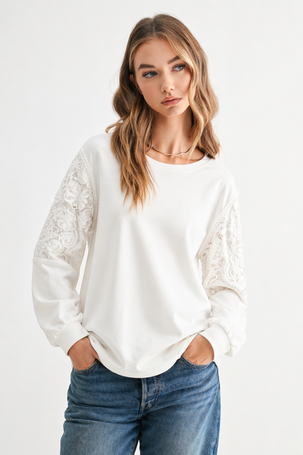 Rylee Stretch Pointe Knit Top with Lace