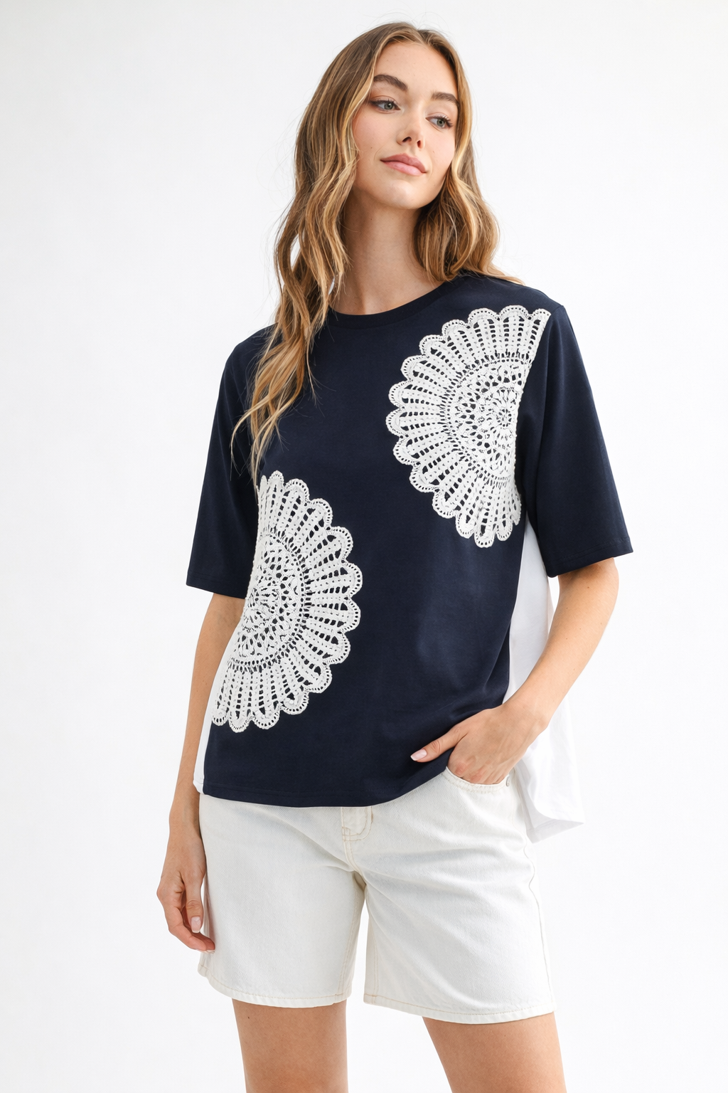 Roxi Pointe Knit Top with Lace Circled with Pearls