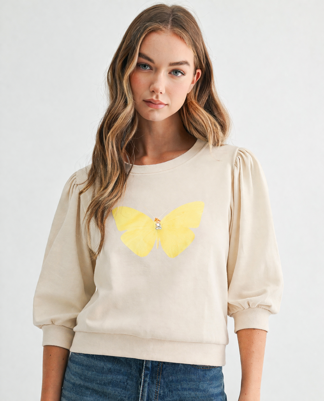 Kelsey Prima Cotton Knit Top with Diamond & Butterfly