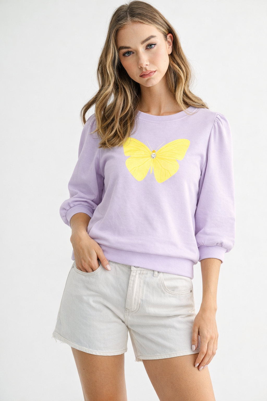 Kelsey Prima Cotton Knit Top with Diamond & Butterfly