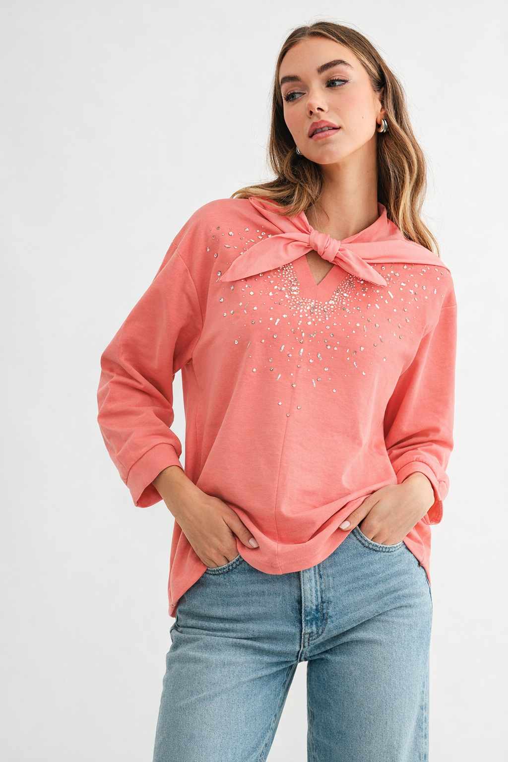 Karnie Prima Cotton Knit Top with Sparkling Studs & Detachable Hoodie