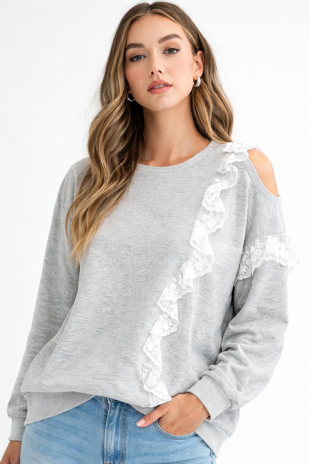 Kylie Prima Cotton Top with One-Side Open Shoulder Lace
