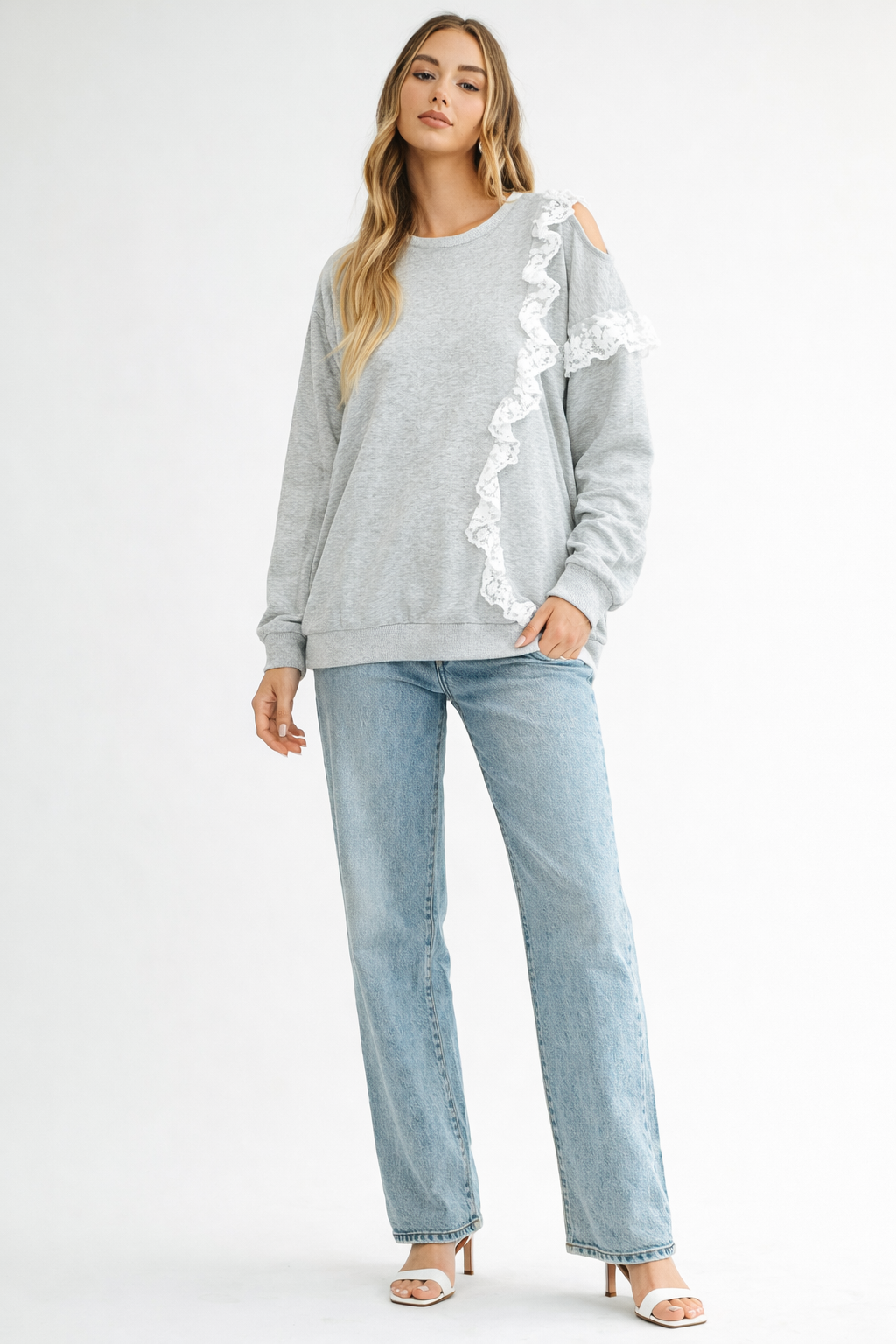 Kylie Prima Cotton Top with One-Side Open Shoulder Lace