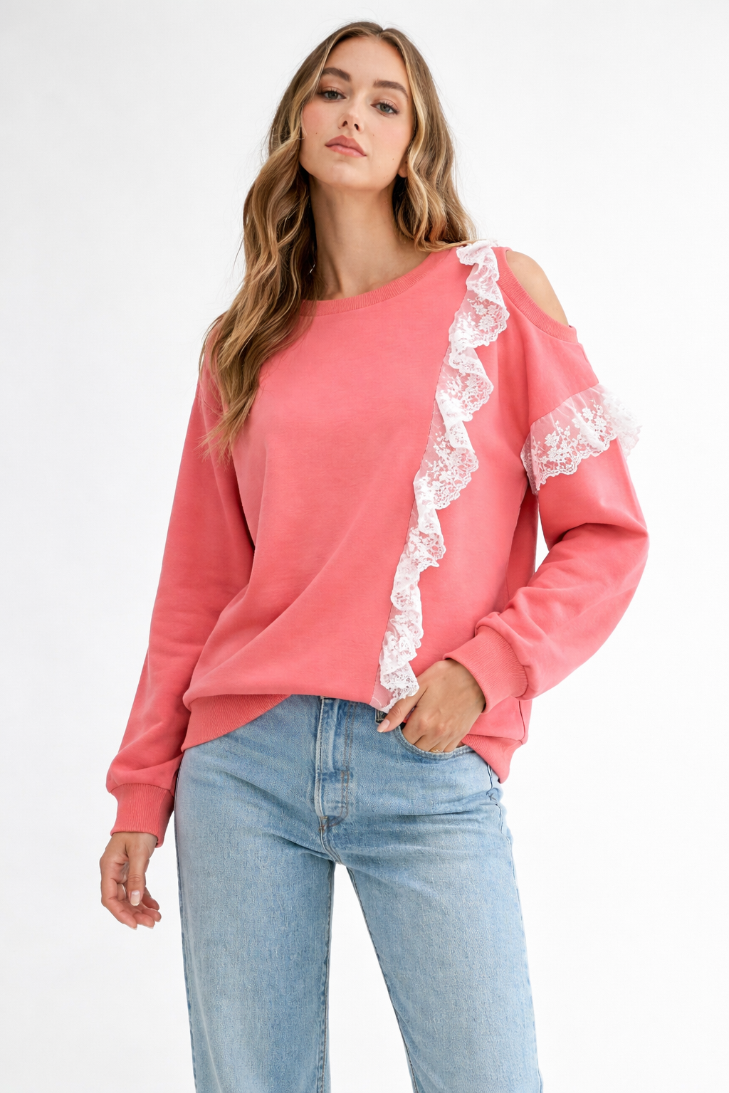Kylie Prima Cotton Top with One-Side Open Shoulder Lace