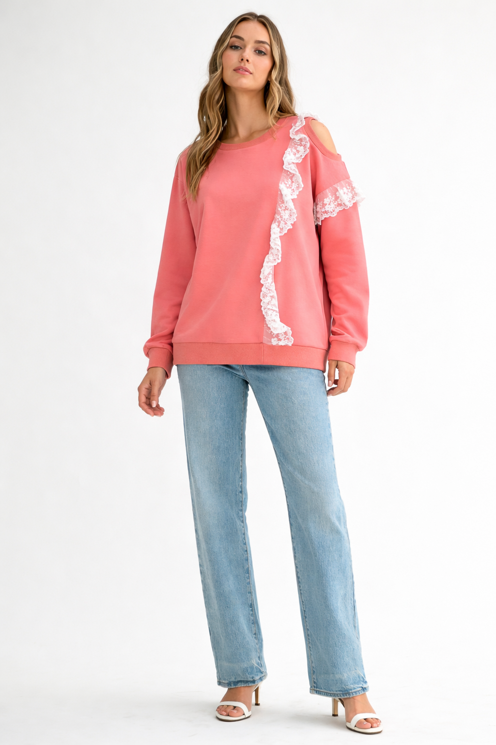 Kylie Prima Cotton Top with One-Side Open Shoulder Lace