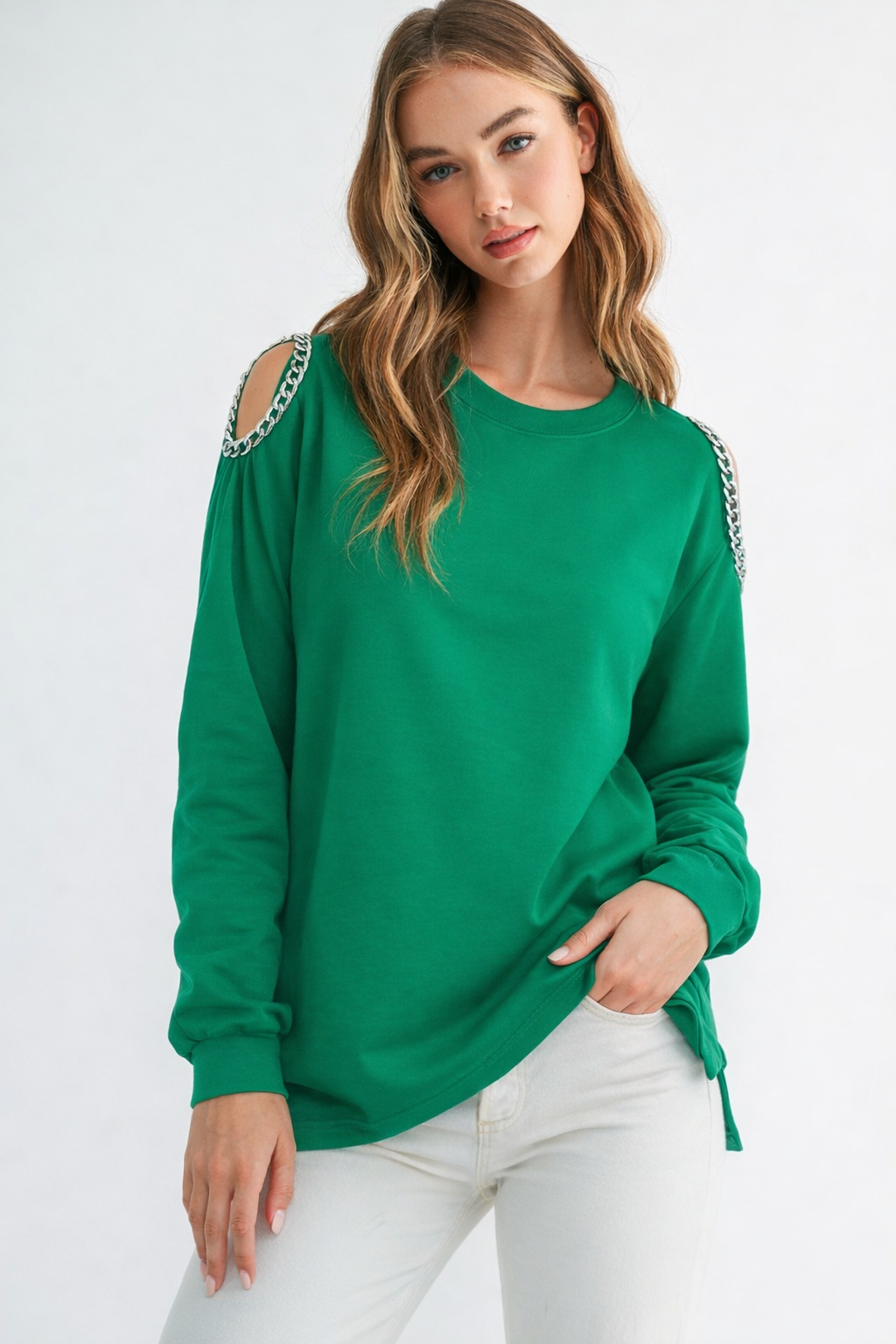 Rita Pointe Knit Top with Chain Trim Open Shoulder