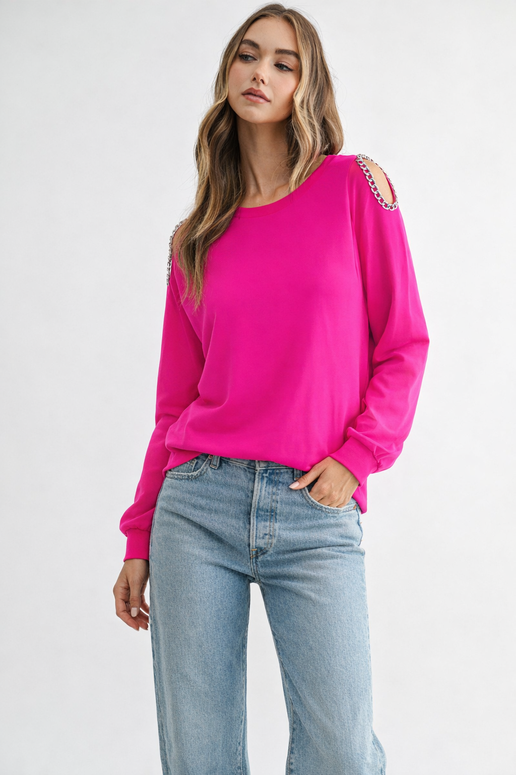 Rita Pointe Knit Top with Chain Trim Open Shoulder