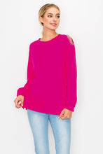 Load image into Gallery viewer, Rita Pointe Knit Top with Chain Trim Open Shoulder