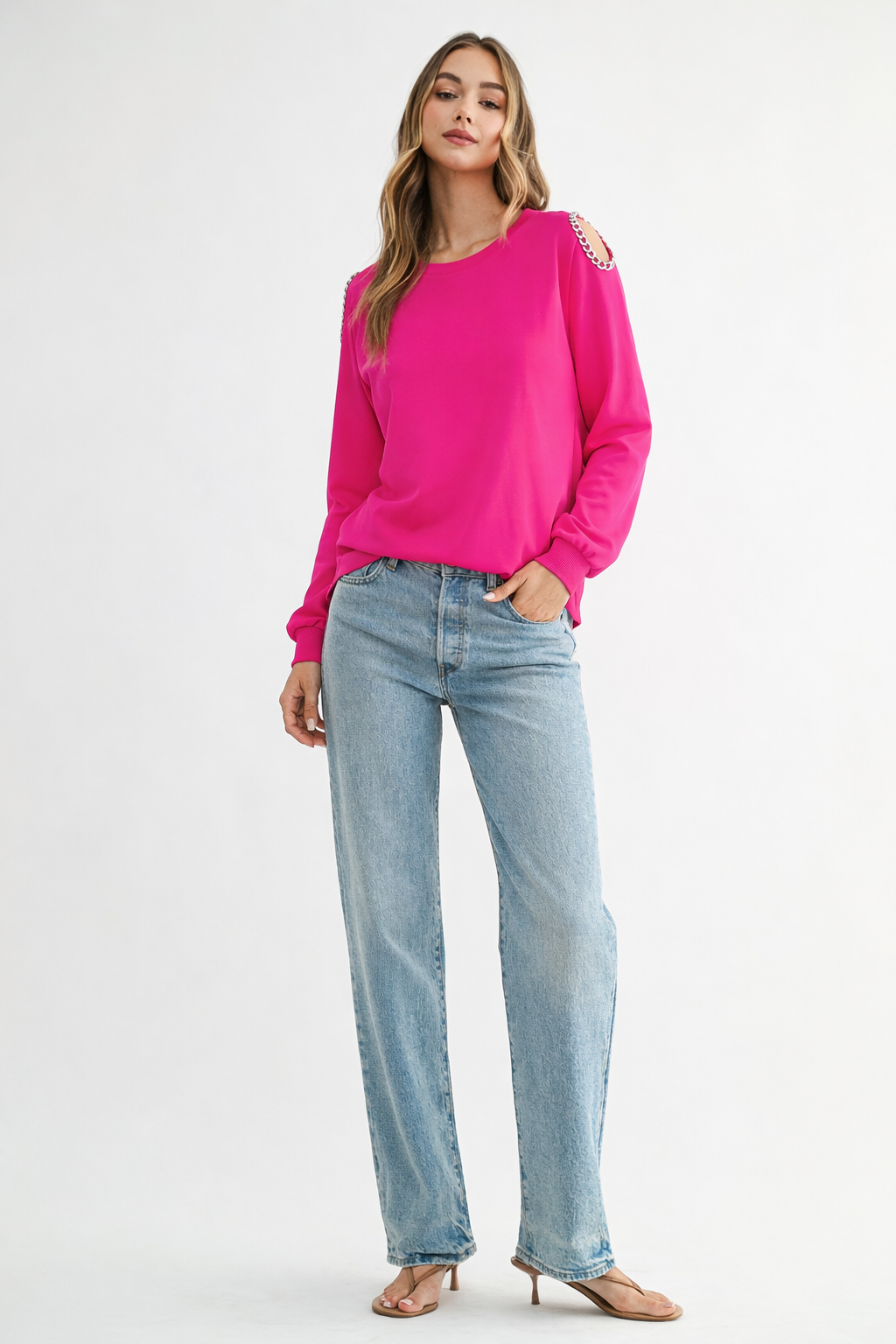 Rita Pointe Knit Top with Chain Trim Open Shoulder
