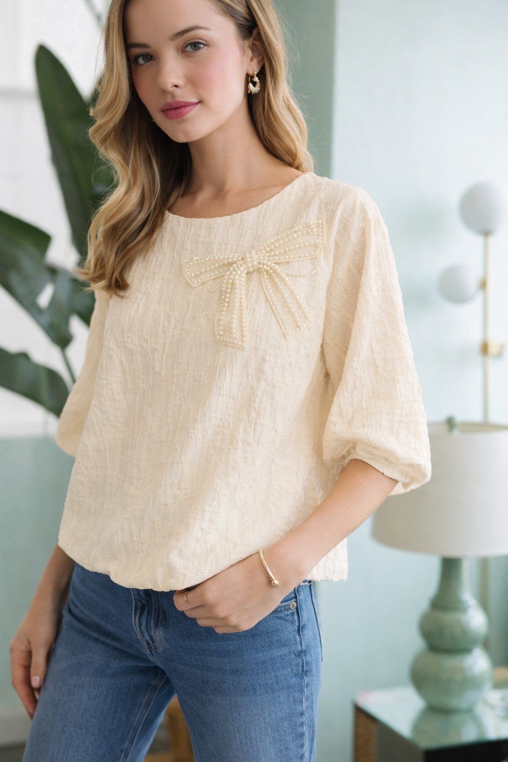 Walynn Woven Top with Pearl Ribbon Bow