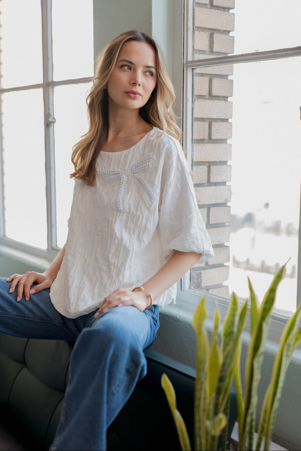 Walynn Woven Top with Pearl Ribbon Bow