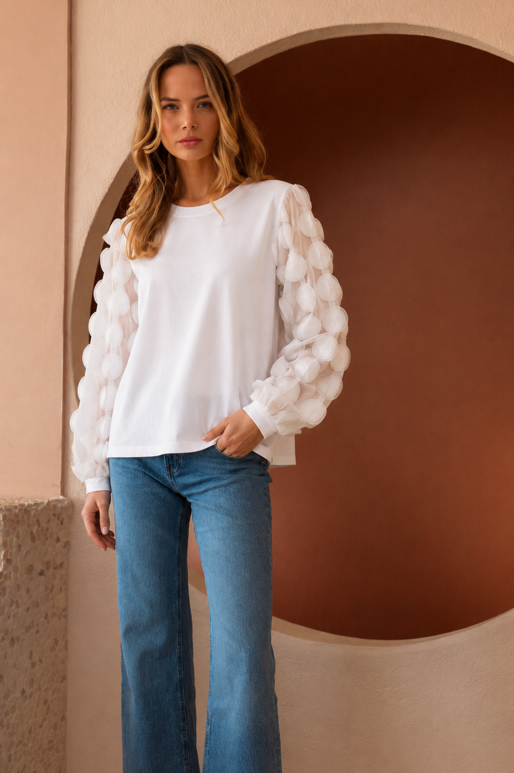 Rinna Pointe Knit Top with Mesh Lace Circle
