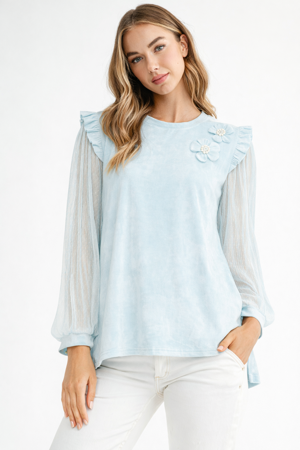 Anastasia Stretch Suede Top with Detachable Flowers