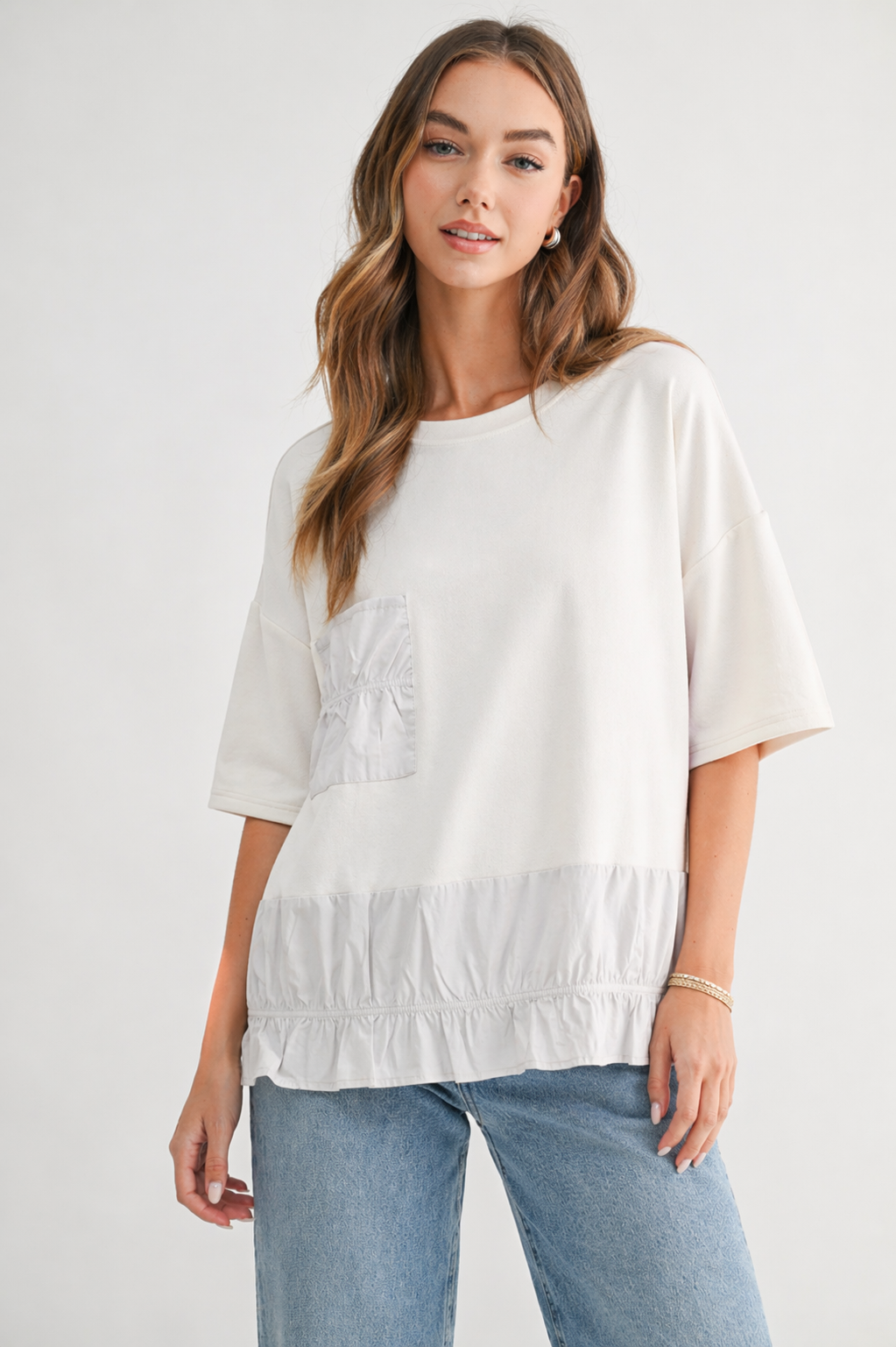 Amy Stretch Suede Top with Cotton Poplin