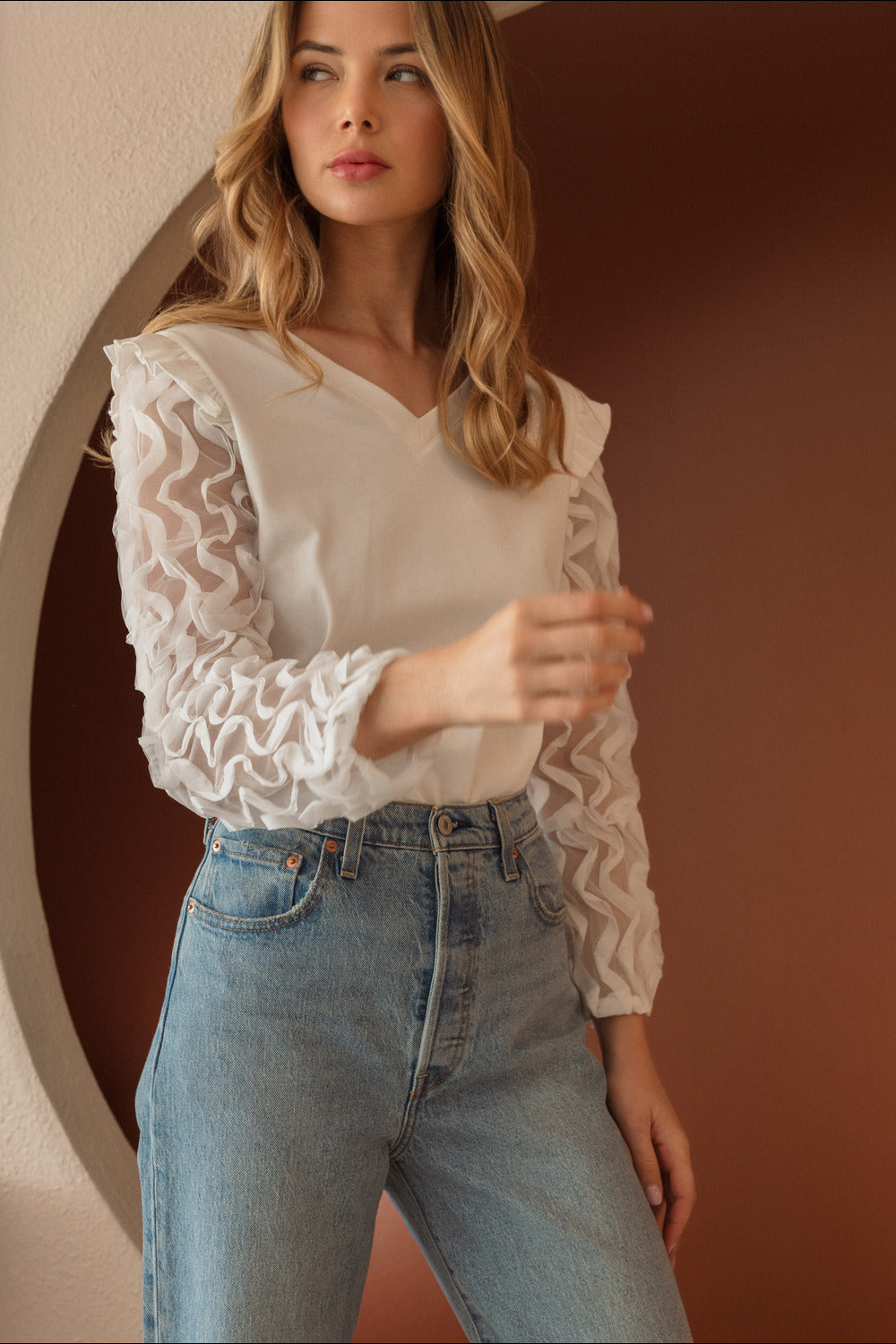 Rhonda Pointe Top with Mesh Lace Swirls