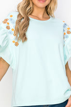 Load image into Gallery viewer, Rinnie Pointe Knit Top with Embroidered Flower Sparkles