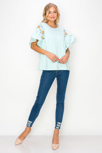 Rinnie Pointe Knit Top with Embroidered Flower Sparkles