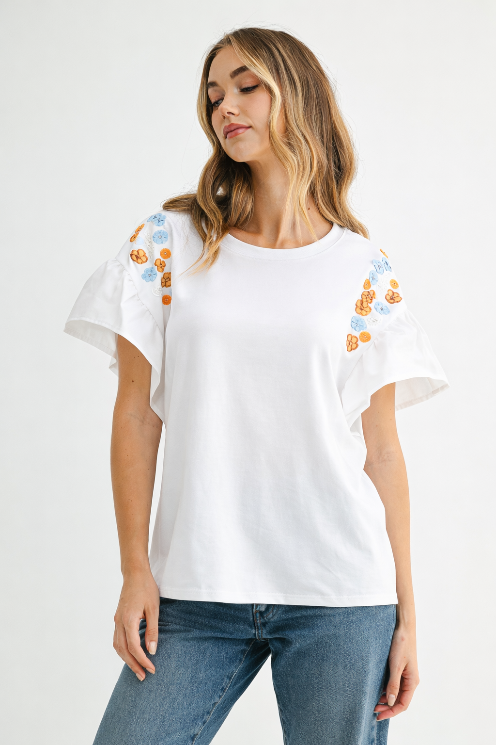 Rinnie Pointe Knit Top with Embroidered Flower Sparkles