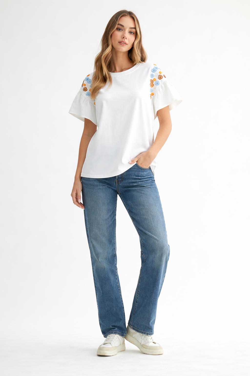 Rinnie Pointe Knit Top with Embroidered Flower Sparkles