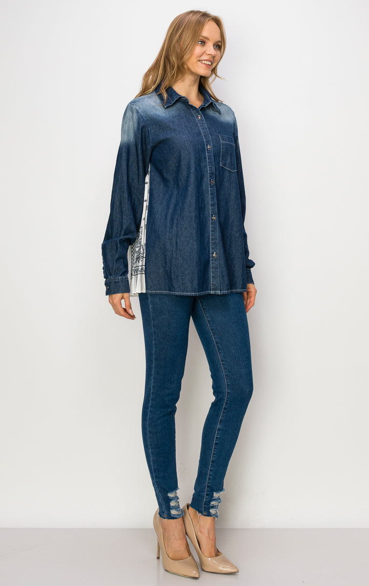Pleat Detail Oversize Cotton Denim Shirt