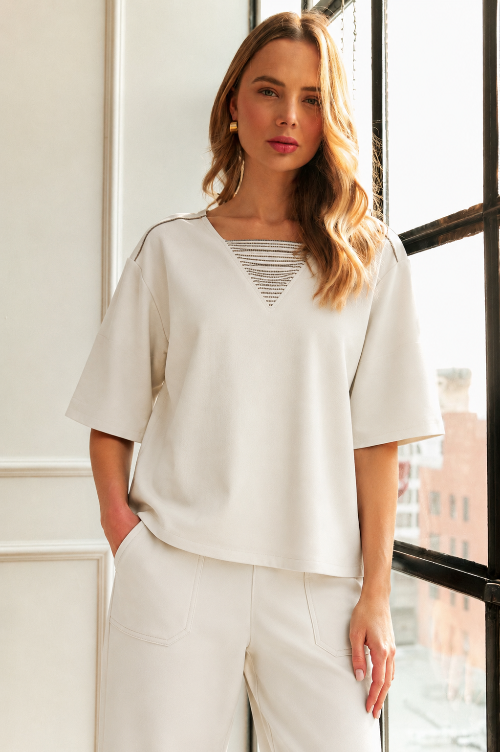 Kassie Crepe Knit Top with Beading Trim