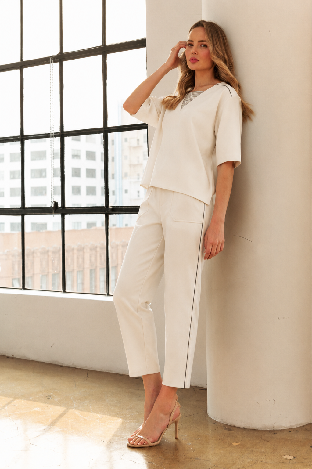 Karine Crepe Knit Pant with Beading Trim