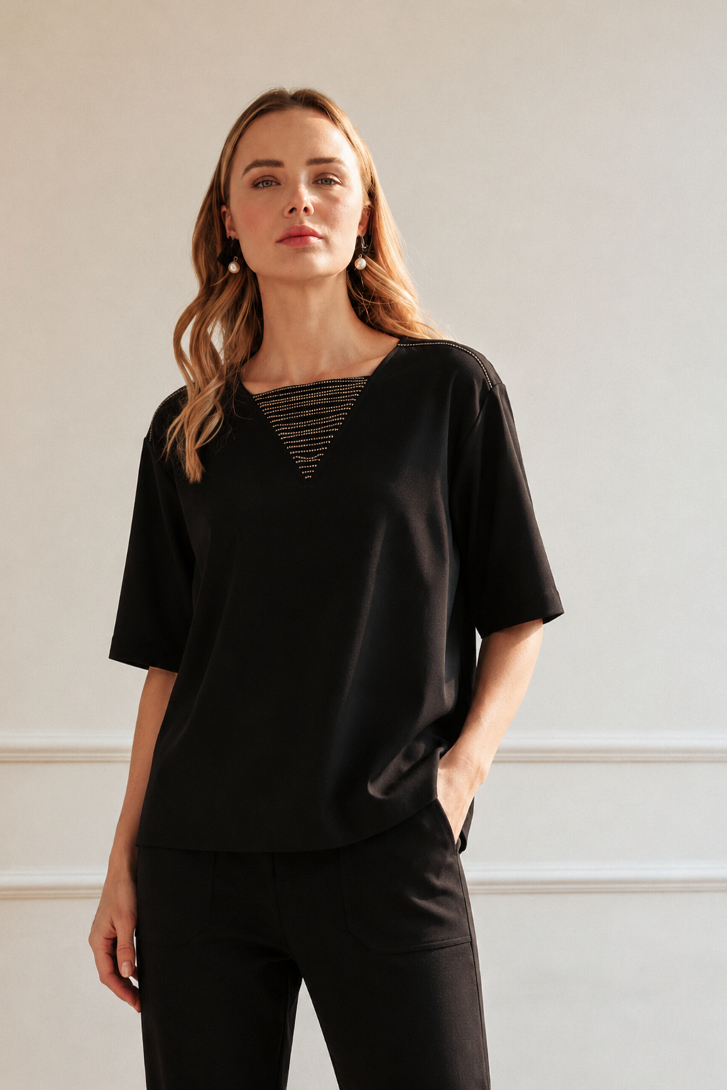 Kassie Crepe Knit Top with Beading Trim