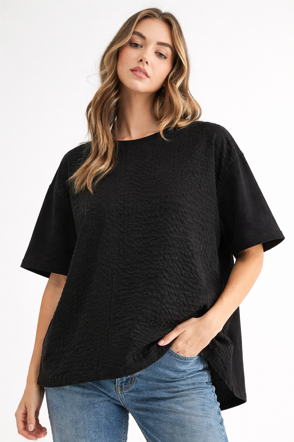 Renae Textured Woven Mixed Pointe Knit Top