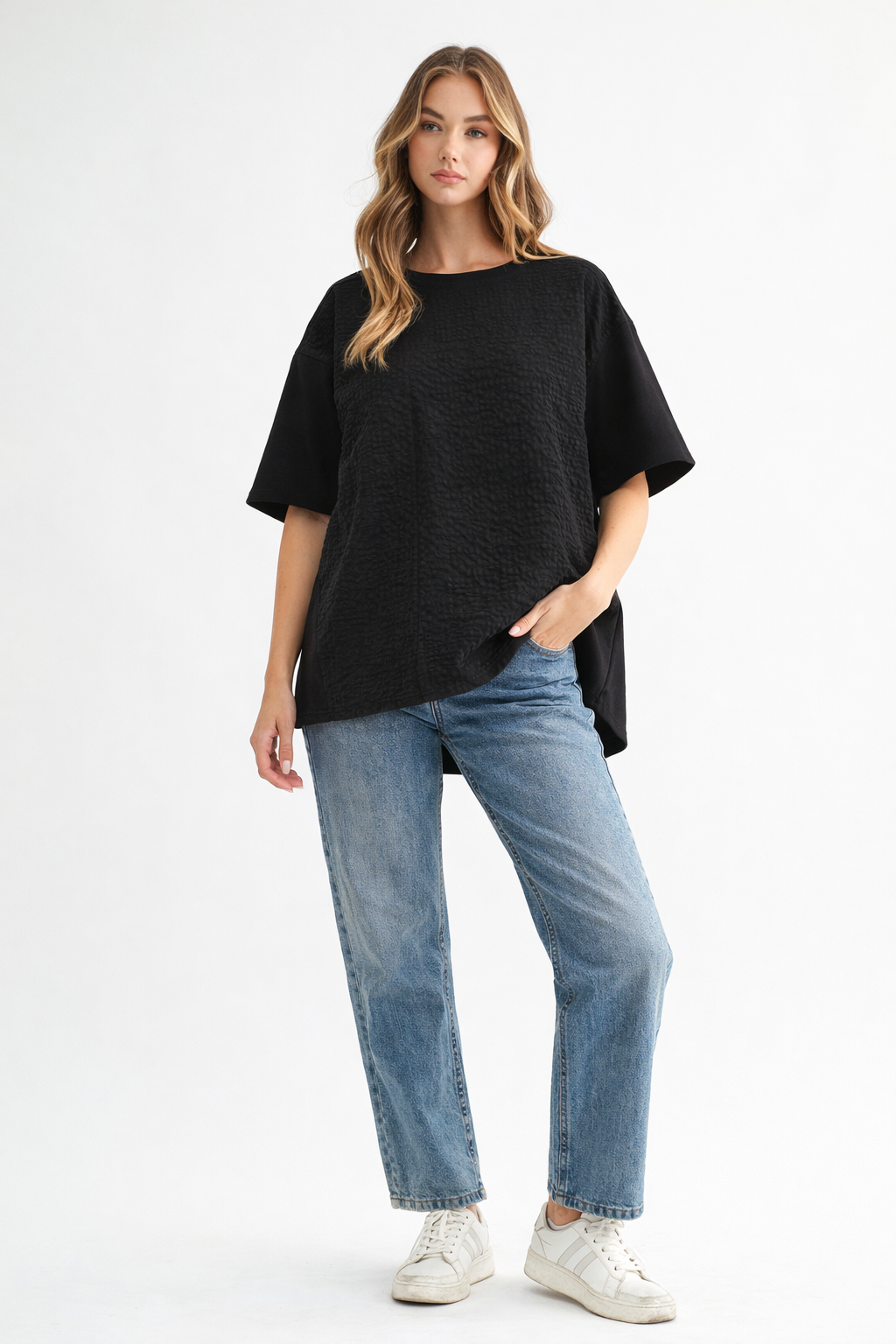 Renae Textured Woven Mixed Pointe Knit Top