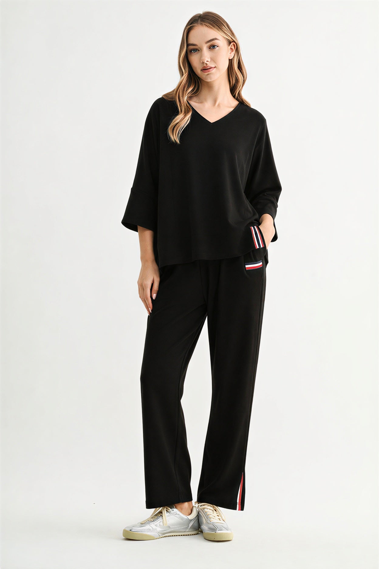 Kanna Knit Crepe Top with Contrast Stripes