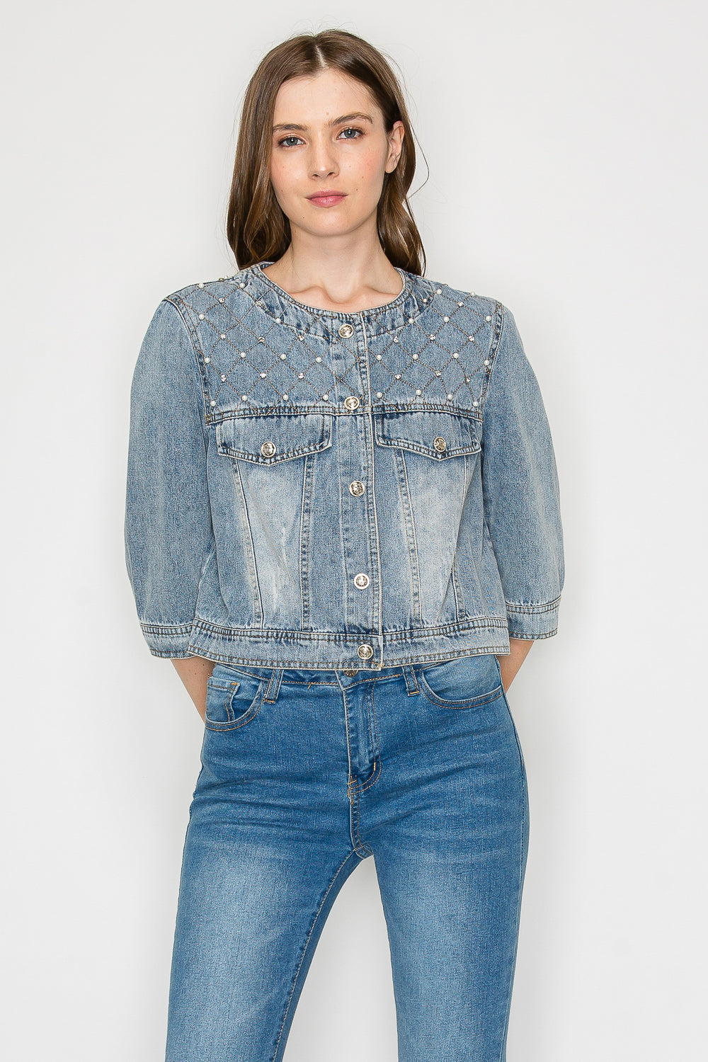 Daphne Denim Jacket with Studs & Pearls