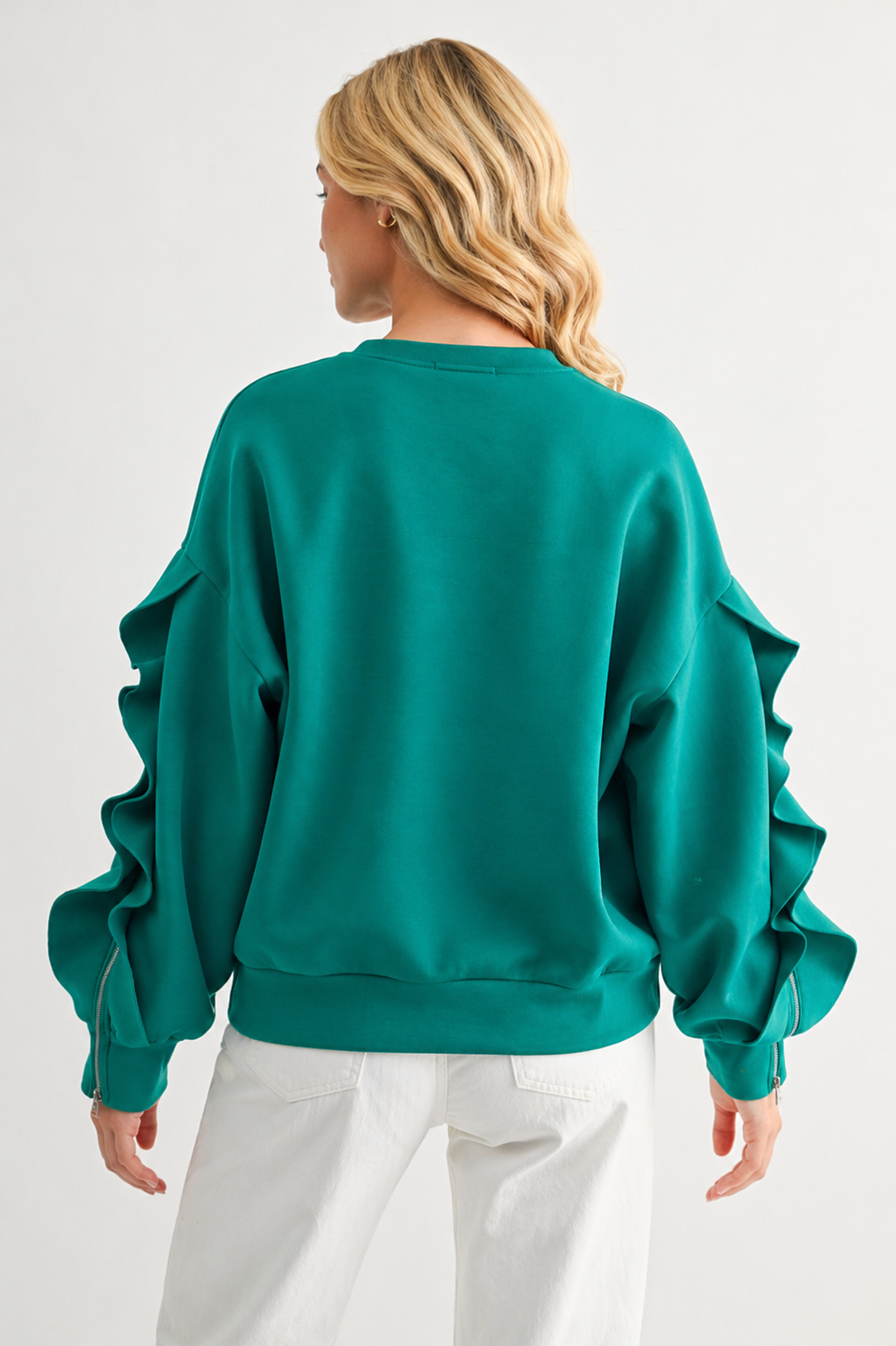 Ferra Stretch French Scuba Top with Ruffled Zipper Sleeves