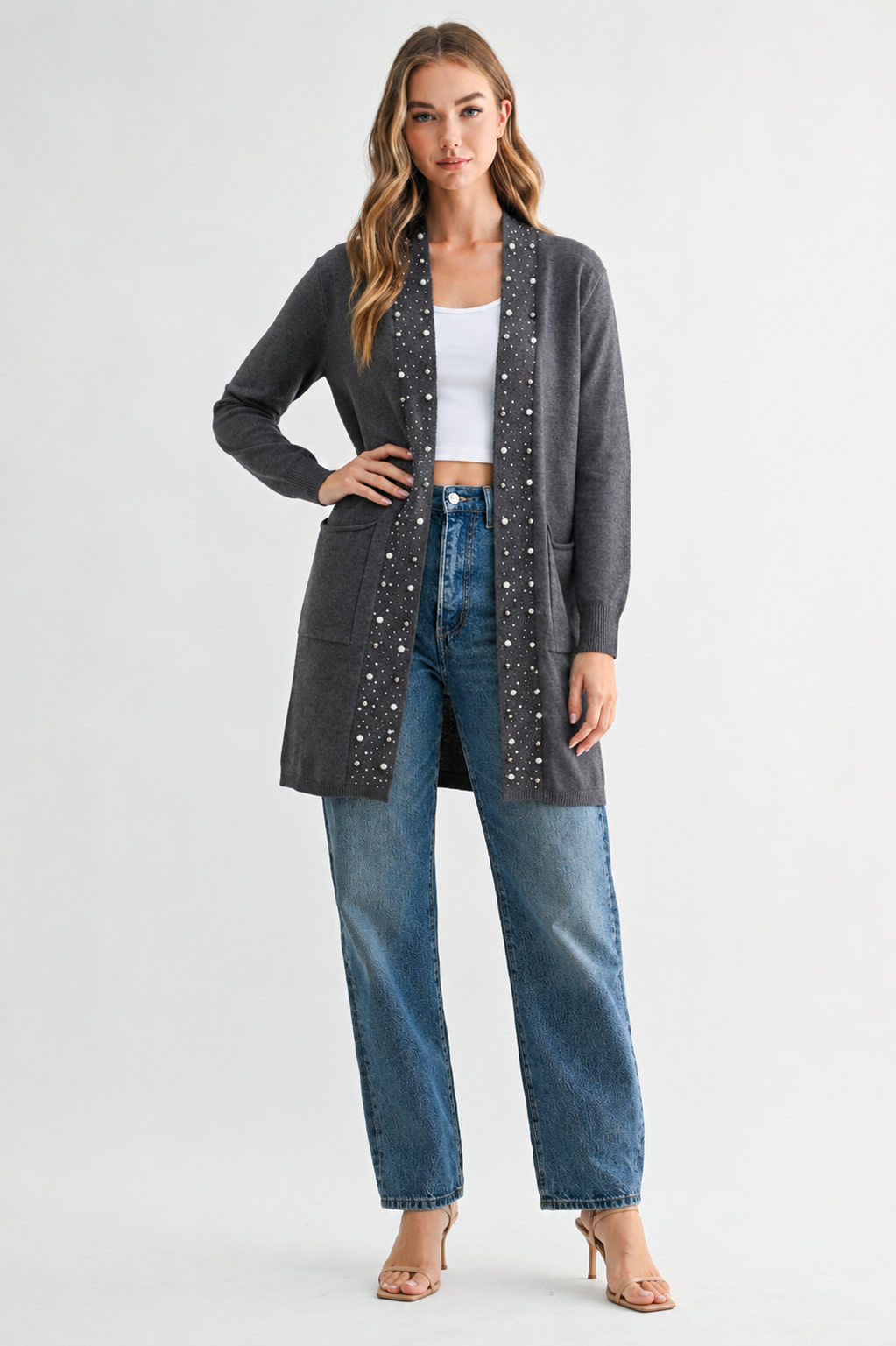 Serra Knitted Sweater Cardigan with Pearls & Sparkles