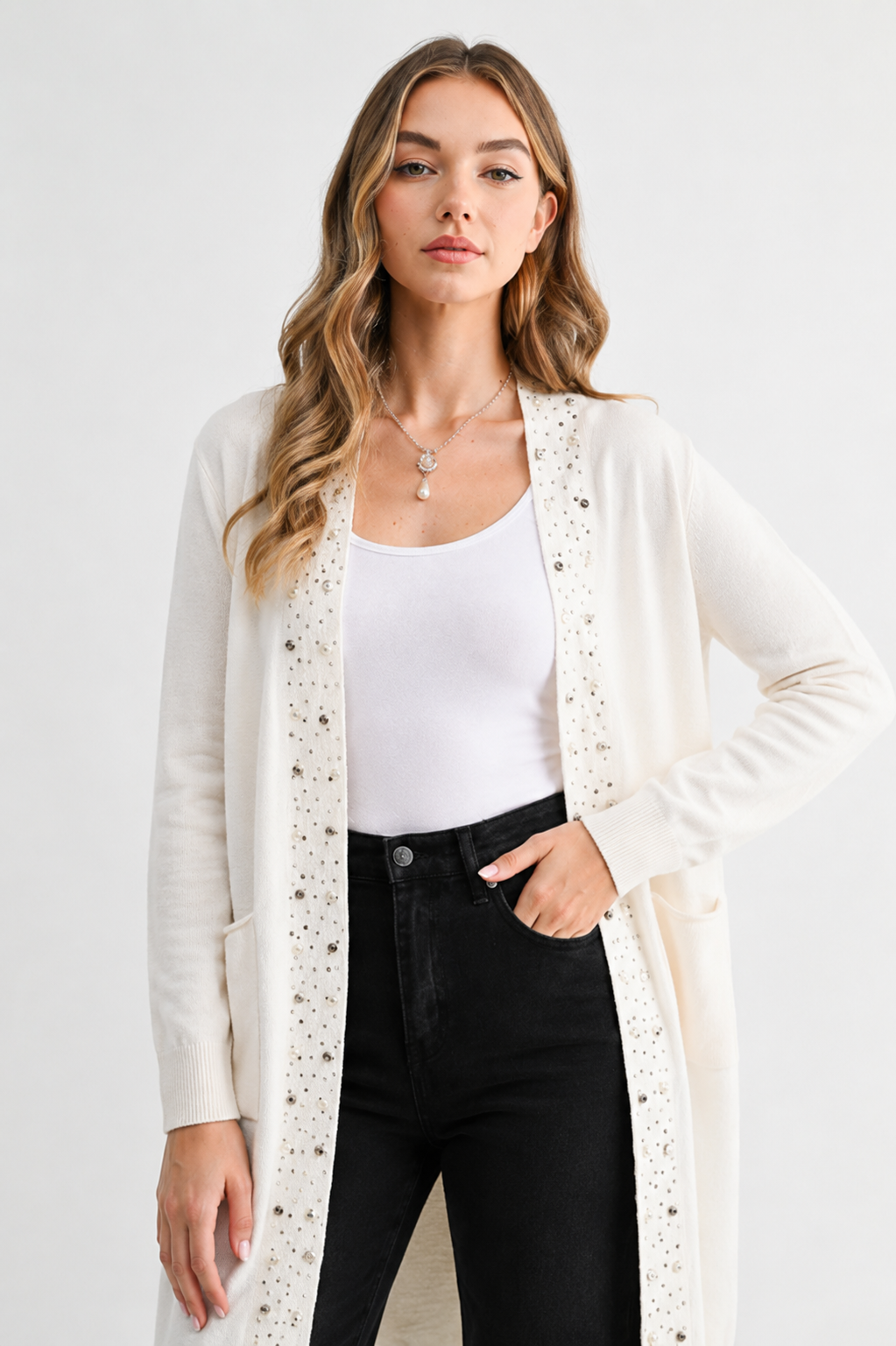 Serra Knitted Sweater Cardigan with Pearls & Sparkles