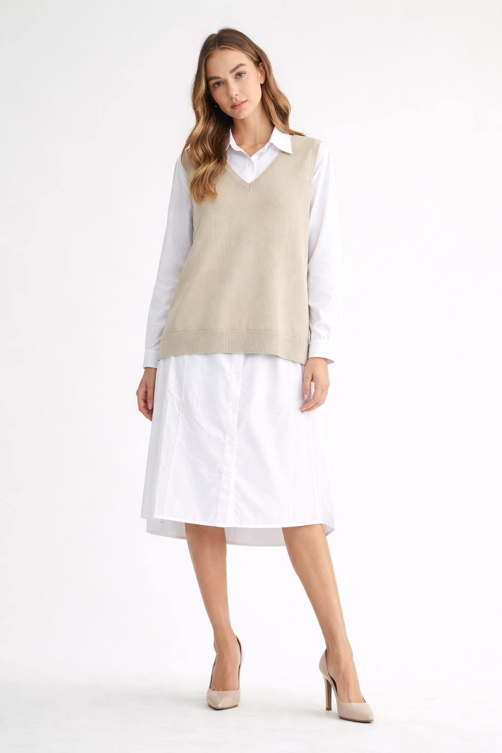 Whema Woven Shirt Dress with Detachable Sweater Knitted Vest