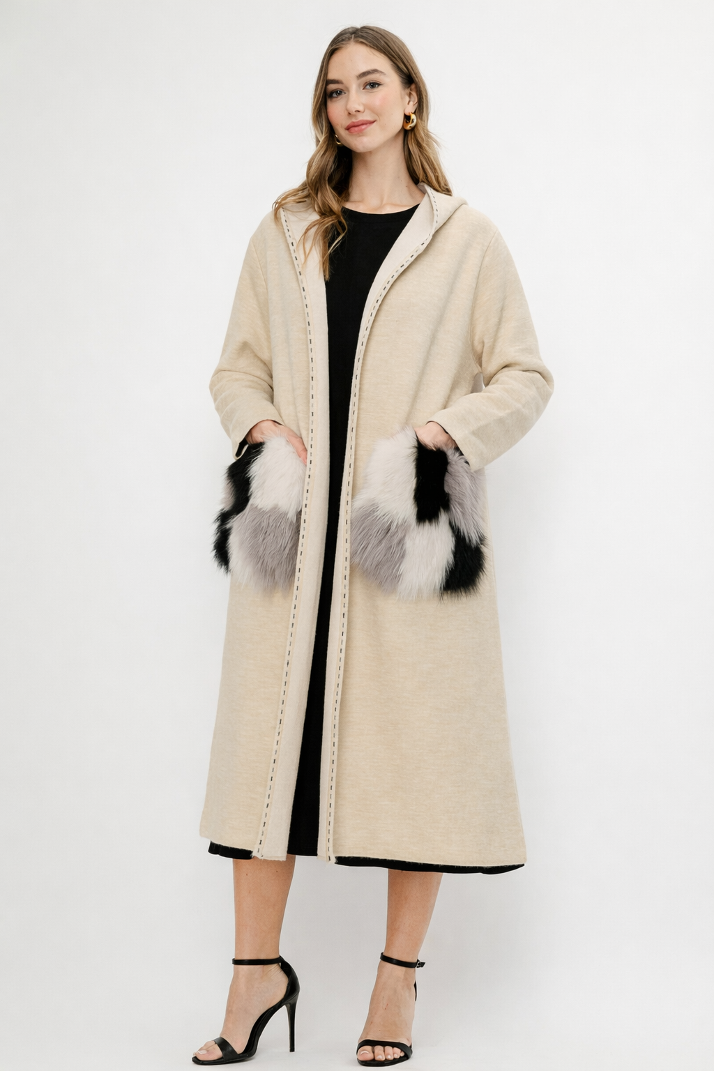 Stella Knitted Sweater Coat with Faux Fur Pockets