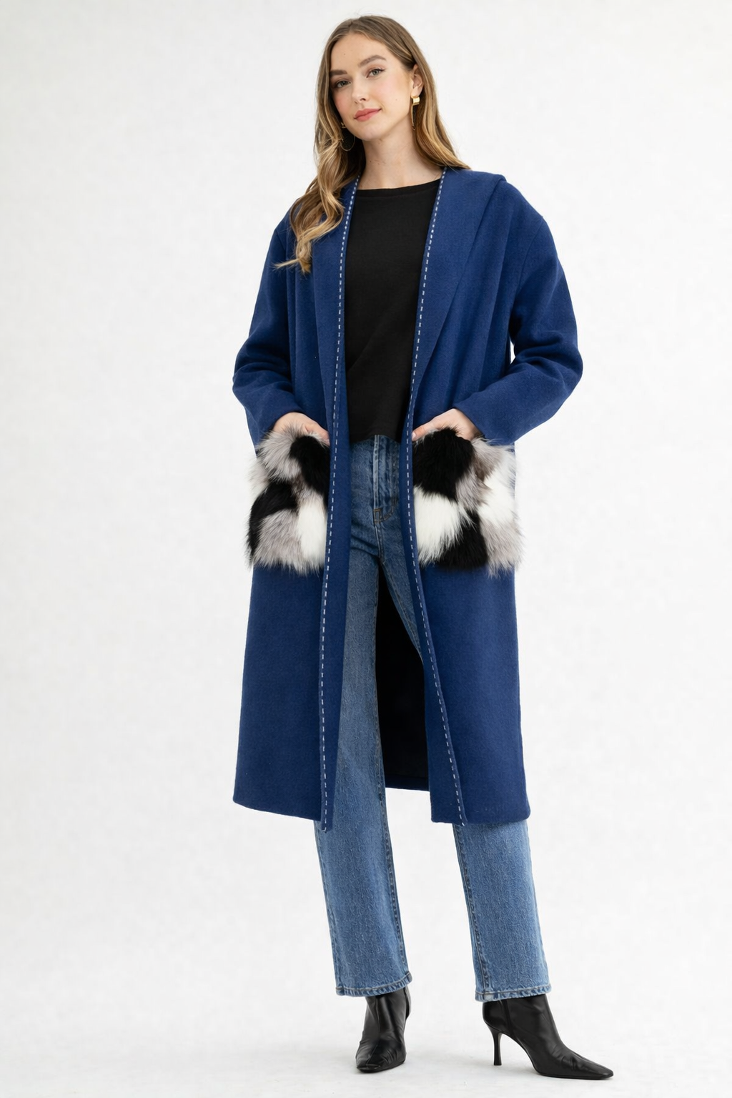 Stella Knitted Sweater Coat with Faux Fur Pockets