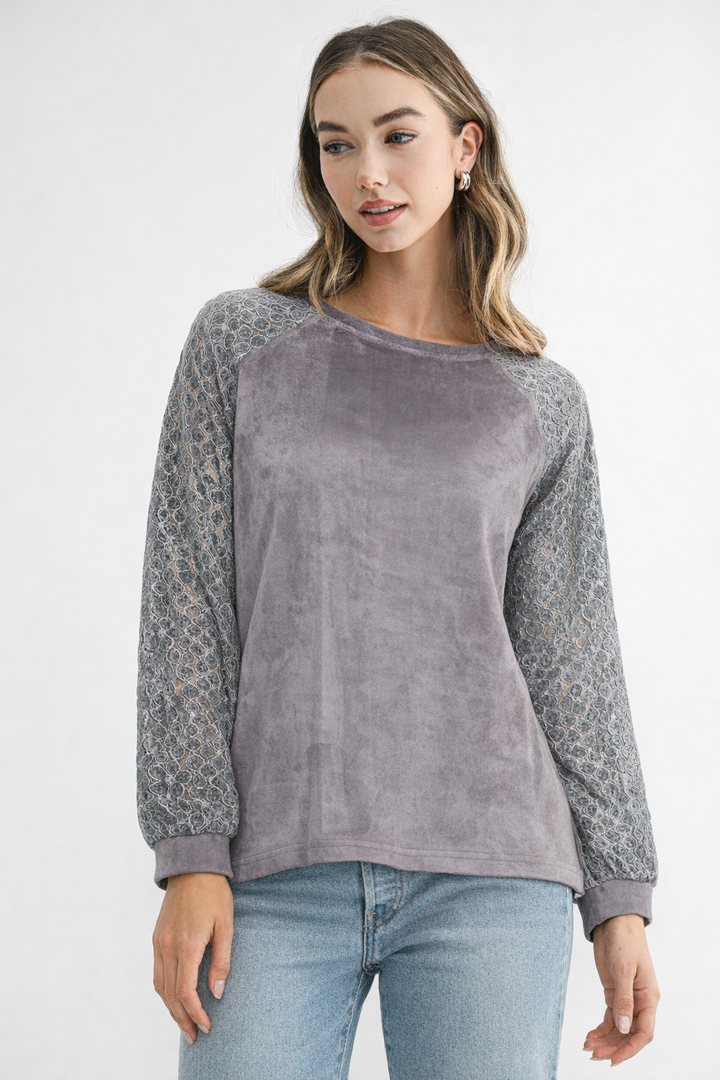 Alura Stretch Suede Top with Crochet Lace