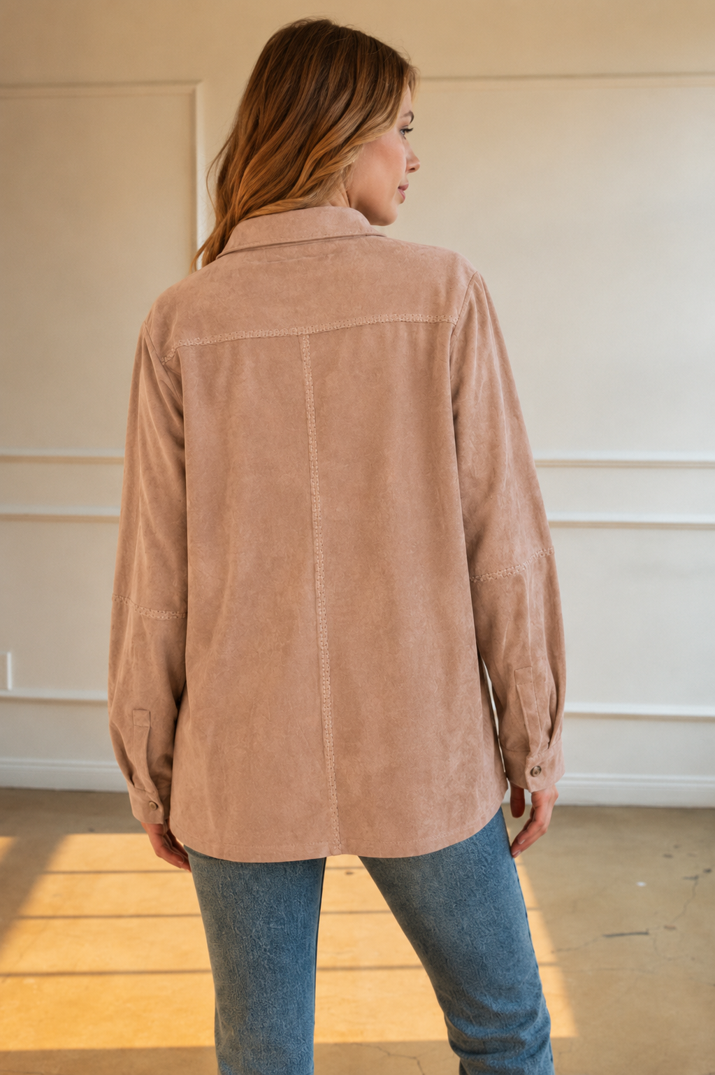 Avery Stretch Suede Top with Detailed Whipstitch
