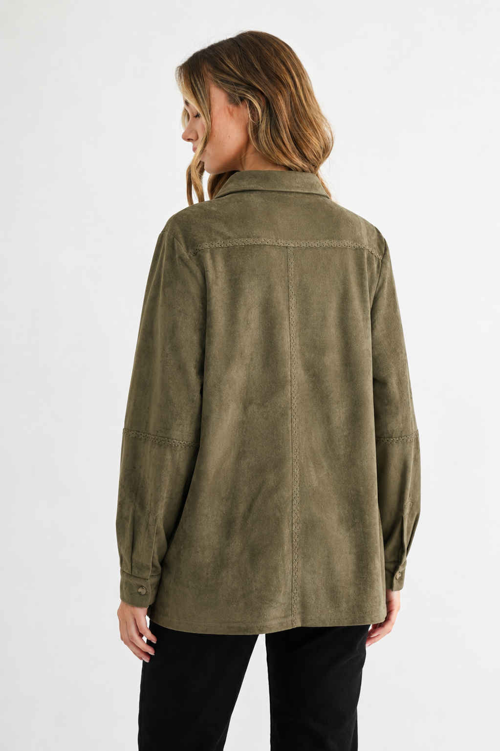 Avery Stretch Suede Top with Detailed Whipstitch