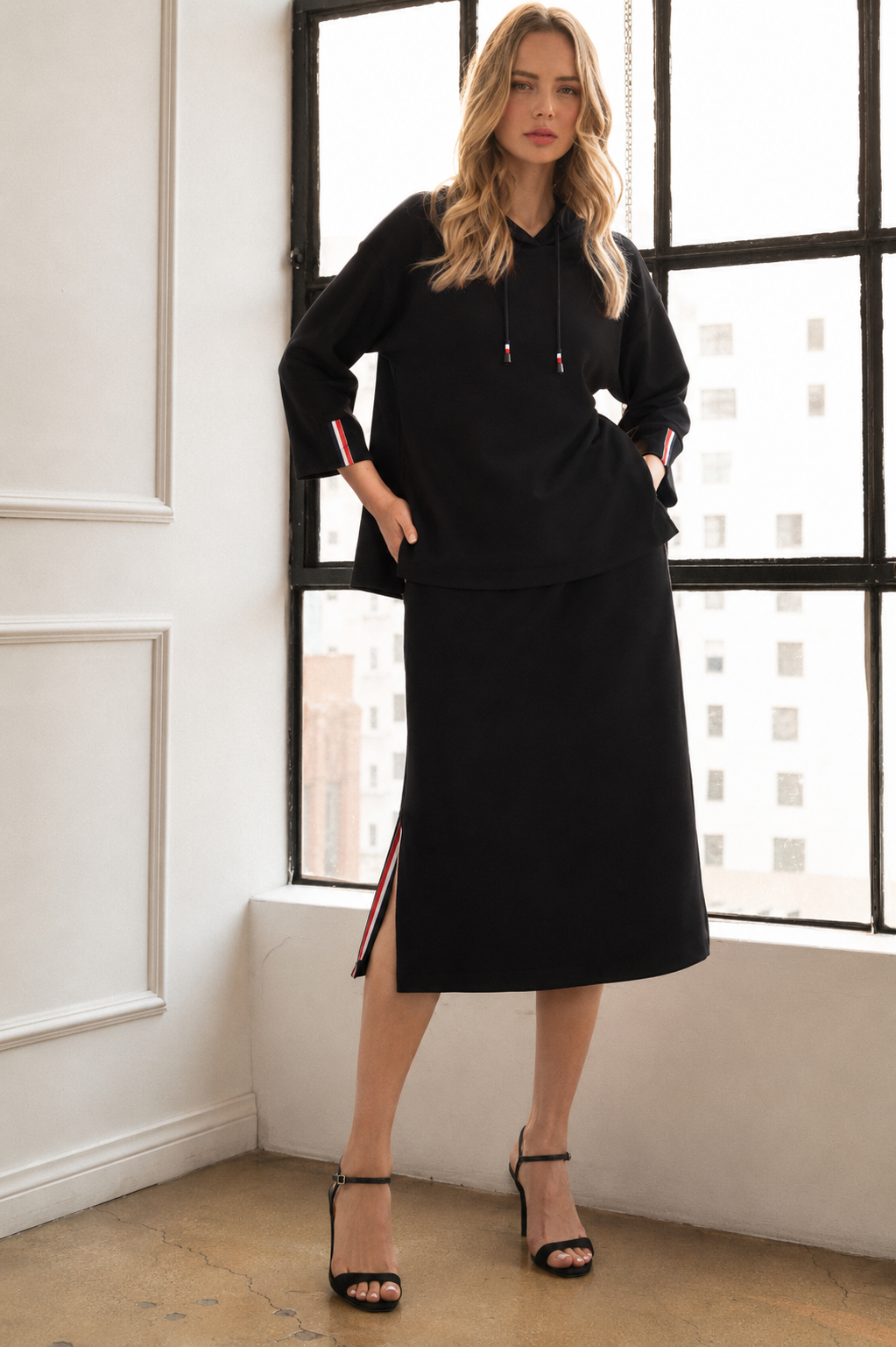 Kassie Crepe Knit Skirt with Contrast Stripes
