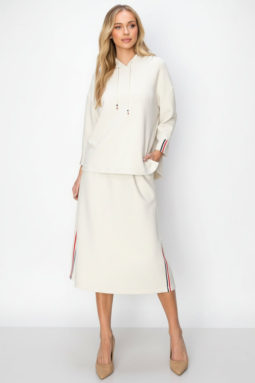 Khloe Knit Crepe Hoodie Top with Contrast Stripes