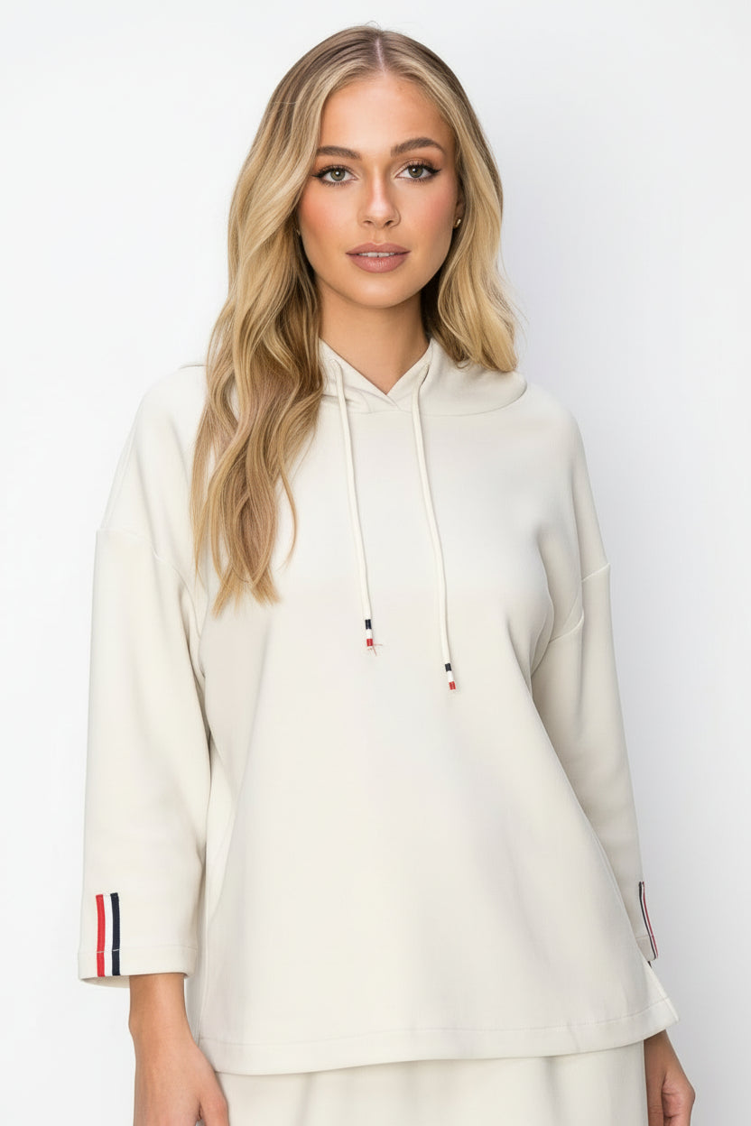 Khloe Knit Crepe Hoodie Top with Contrast Stripes