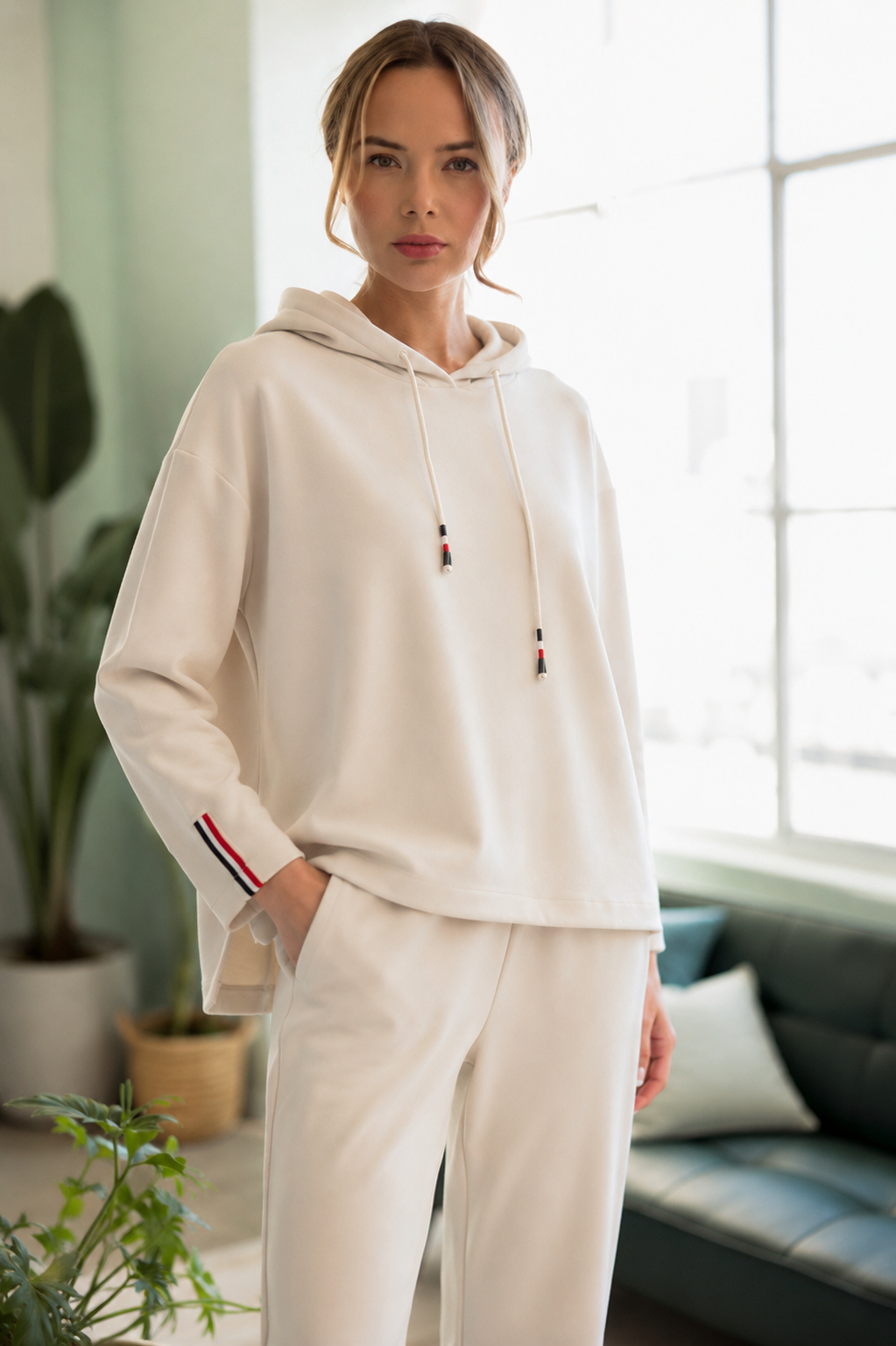 Khloe Knit Crepe Hoodie Top with Contrast Stripes