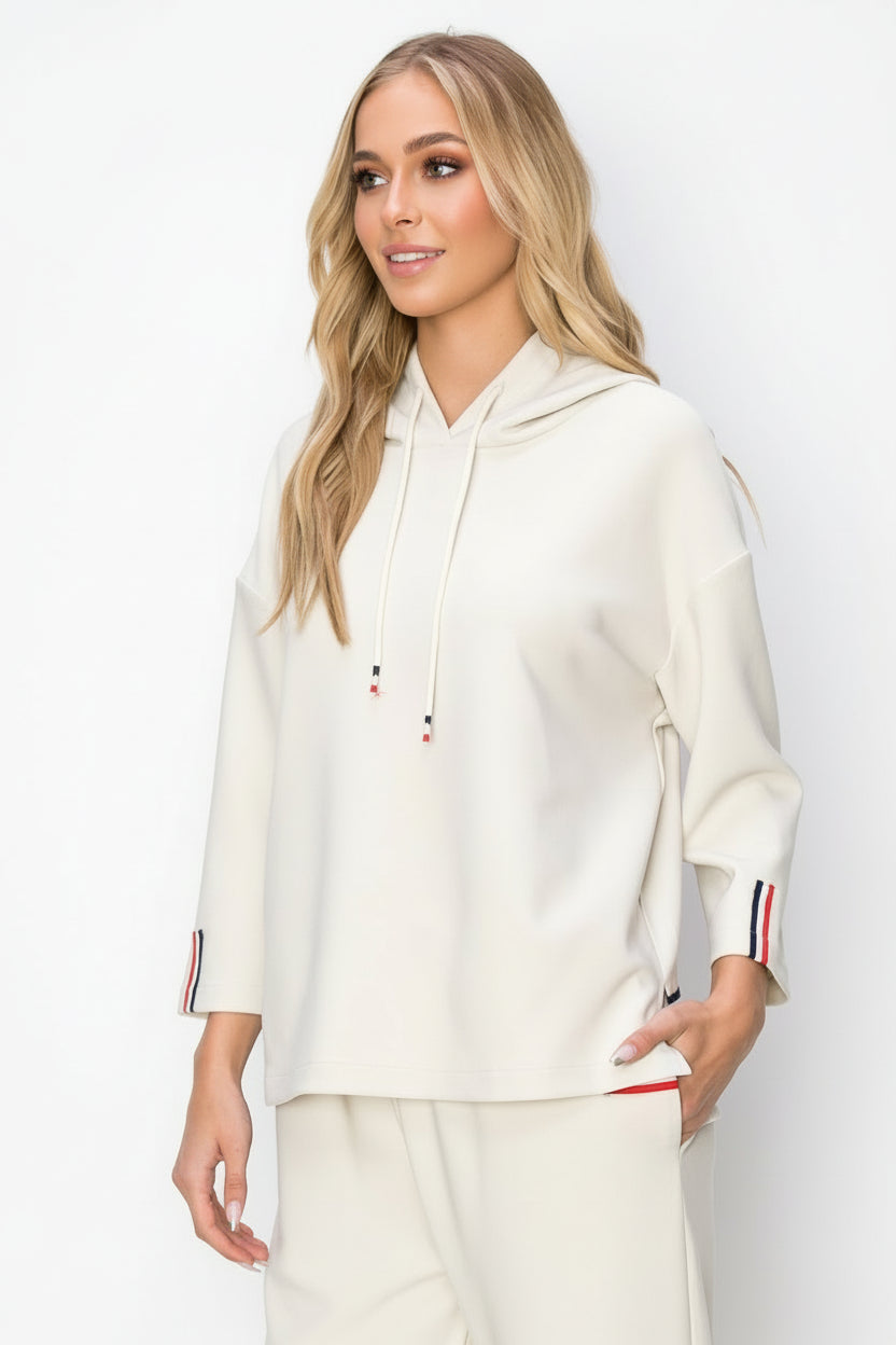 Khloe Knit Crepe Hoodie Top with Contrast Stripes